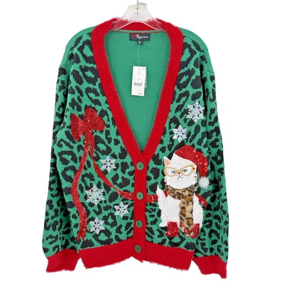 NEW 33 Degrees Women's XXL Green Red Cat Lover Ugly Christmas Sweater Party - Picture 1 of 15